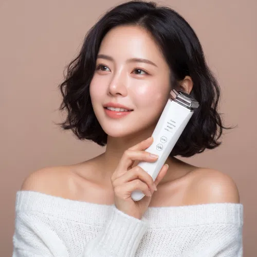 기기를 잡고 얼굴 옆에 둔 모습